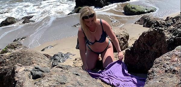  Voluptuous blonde sunbathing nude on the beach fucks passer-by - Erin Electra